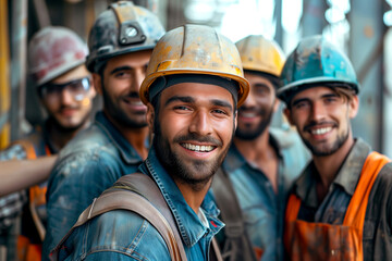 group of male Construction Team in Safety hardhats Smiling at camera at construction Site