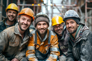 group of construction Workers in Hard Hats Taking a Break at Construction Site smiling at camera