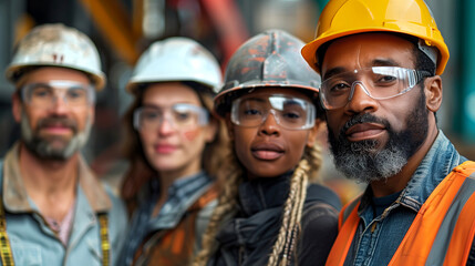 Multicultural diverse group of Construction Workers Team with hardhats looking at camera at building site