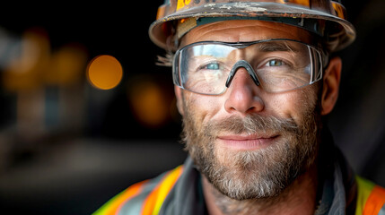 Close Up of a smiling Male Engineer in Safety hardhat at Industrial Plant