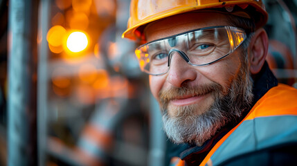 close up of Male Industrial Worker with Safety helmet and googles smiling at camera at construction site