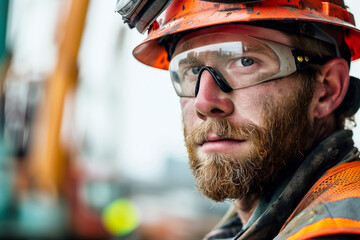 close up of a male Construction Worker with Safety Gear in Industrial site