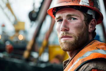 portrait of Construction Worker at Industrial Site with Cranes and Equipment in background