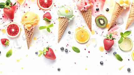 Colorful flat lay of ice cream cones with various fruits and splashes on white - obrazy, fototapety, plakaty