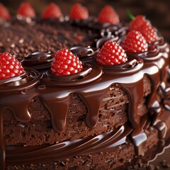 A closeup chocolate cake with strawberries on top of it