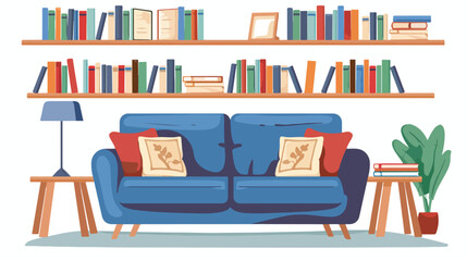Living room with sofa and book shelves. Flat vector