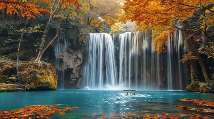 Tranquil waterfall framed by vibrant autumn foliage, a picturesque scene capturing the essence of the changing seasons.