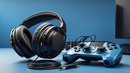 Fototapeta na wymiar A black and blue gaming headset and a blue video game controller are on a blue table against a blue background
