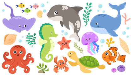 Sea life elements set. Hand draw vector doodle cartoon set of marine life objects for your design.