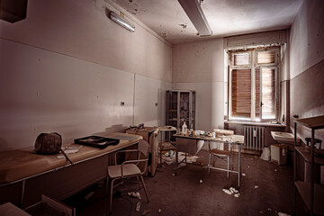 The abandoned old hospital with wood furnitures