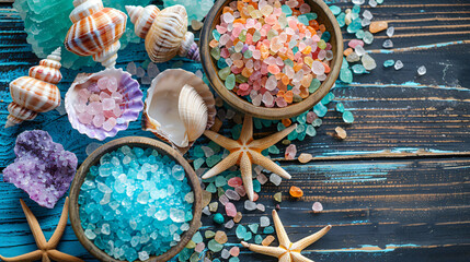 Colorful sea salts and seashells for the bathroom 