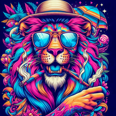 Digital art of a psychedelic cool lion with sunglasses smoking a blunt