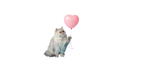 happy Persian cat holding a pink heart balloon on a light blue background, 