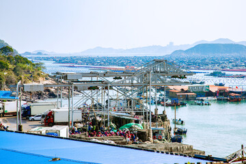 High angle view of the bay and fishing village on the top of the flag crown of Lianjiang County, Fujian Province
