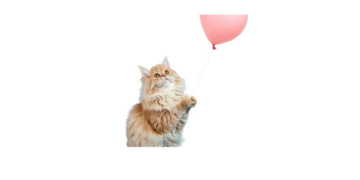 happy Persian cat holding a pink heart balloon on a light blue background,