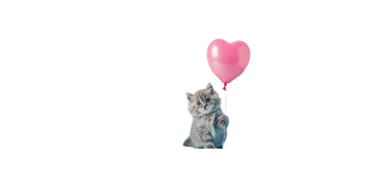happy Persian cat holding a pink heart balloon on a light blue background,