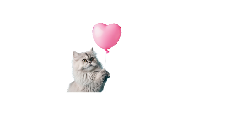 happy Persian cat holding a pink heart balloon on a light blue background,