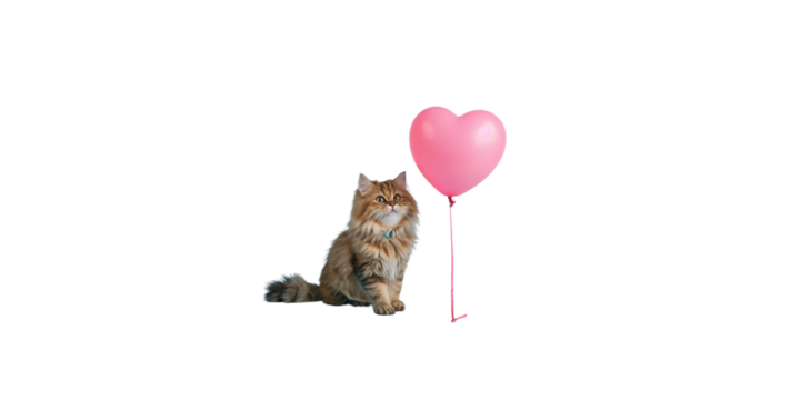 happy Persian cat holding a pink heart balloon on a light blue background,