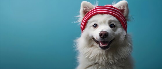 Happy Samoyed dog in a striped red beret against a blue background. Concept pets, photography, fashion, Samoyed dog, color coordination - obrazy, fototapety, plakaty