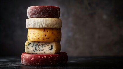 A stack of assorted cheeses with diverse textures and colors on a dark backdrop. - obrazy, fototapety, plakaty