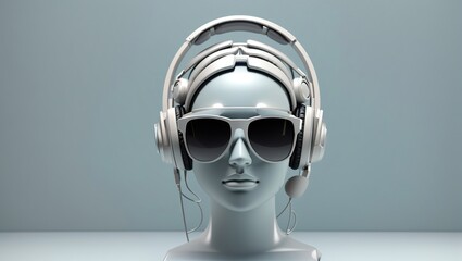 mannequin head is wearing white headphones and sunglasses