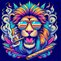 Digital art of a psychedelic cool lion with sunglasses smoking a blunt
