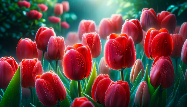 A vibrant red tulips with water droplets on their petals. The flowers arranged with a shallow depth of field