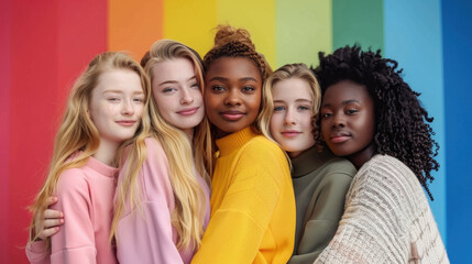 Obraz premium A group of diverse young women standing next to each other, displaying unity and friendship