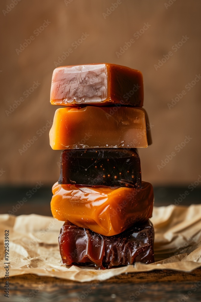 Sticker A stack of assorted gourmet caramel candies on a rustic background