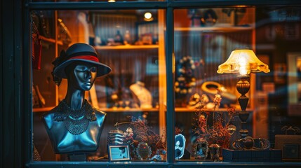 A mannequin head with a hat on a display window