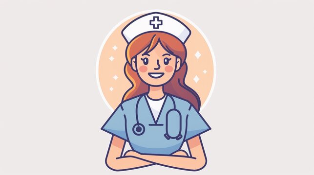 Cartoon image showing the nursing profession You may see nurses wearing scrubs or a nurse's uniform with a stethoscope around their neck. They can demonstrate patient care.