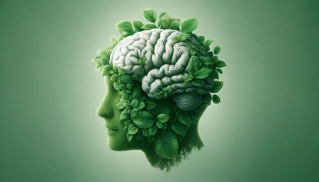 A brain with green leaves on it. The brain is surrounded by green leaves and is the main focus of the image