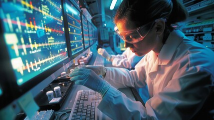 A forensic scientist yzing DNA samples in a sterile laboratory with computer screens displaying complex genetic sequences. . - obrazy, fototapety, plakaty
