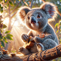 there is a koala bear that is sitting on a tree branch, koala, australian, aussie, shutterstock, eucalyptus, australia, having a snack, in australia, radiant morning light, portrait”, “portrait of a c