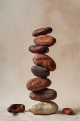 A thoughtful arrangement of cocoa beans stacked on top of each other.