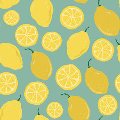 Vector abstract lemons seamless pattern. Hand painted fruits isolated on blue background. Holiday Illustration for design, print, fabric or background.