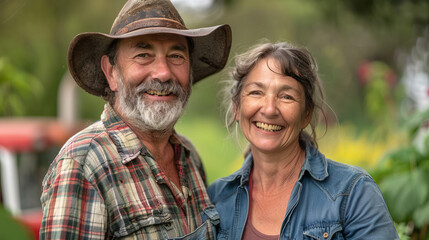 Closeup of active senior smiling organic gardeners male and female with bokeh garden farm background healthy lifestyle happy mature couple
