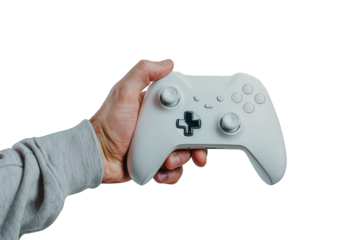 Man's hand holding a white gaming controller isolated on a cutout PNG transparent background