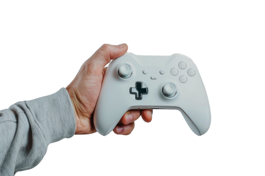 Man's hand holding a white gaming controller isolated on a cutout PNG transparent background