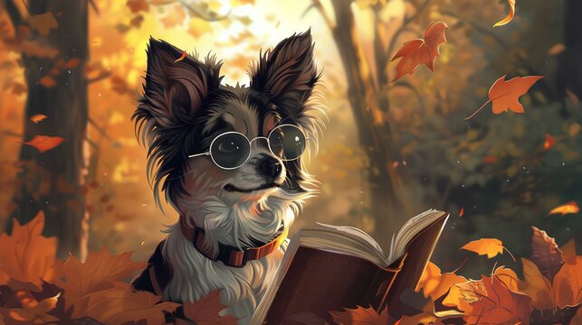 cute dog pictures wearing glasses reading a book