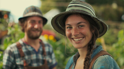Closeup of  young smiling organic gardeners farmers male and female with bokeh garden farm background with vegetable garden happy farm couple agricultural background