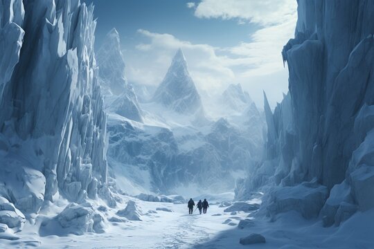 Tourists on an adventurous journey in a 3D rendered icy mountain terrain, exploring fantastical elements in a breathtaking landscape ,ultra HD,digital photography