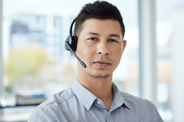 Call center, serious and portrait of man in office for customer service, communication and support....