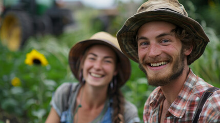 Closeup of  young smiling organic gardeners farmers male and female with bokeh garden farm background with vegetable garden happy farm couple agricultural background