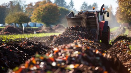 A farmer using a tractor to spread nutrientrich compost made from food waste onto their crops...