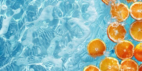 Creative summer background with orange fruit slices in swimming pool water. Summer wallpaper with copy space.