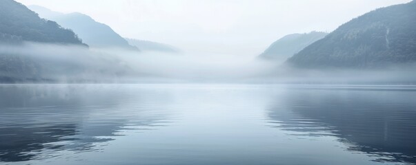 Fototapeta na wymiar Misty morning over a serene lake surrounded by forested mountains