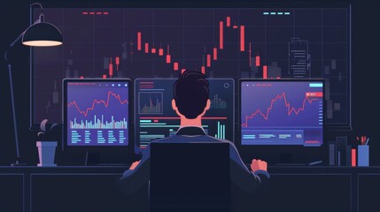 Red candlestick graphics, young man trading in front of computer with charts on the screen, behind view, vector illustration