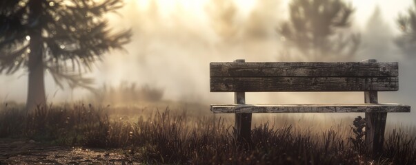 Serene morning mist over a wooden bench in a peaceful mountain landscape