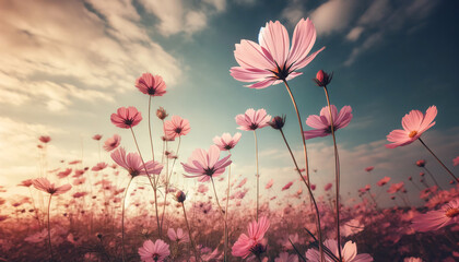 A field filled with delicate pink cosmos flowers under a blue sky with soft clouds